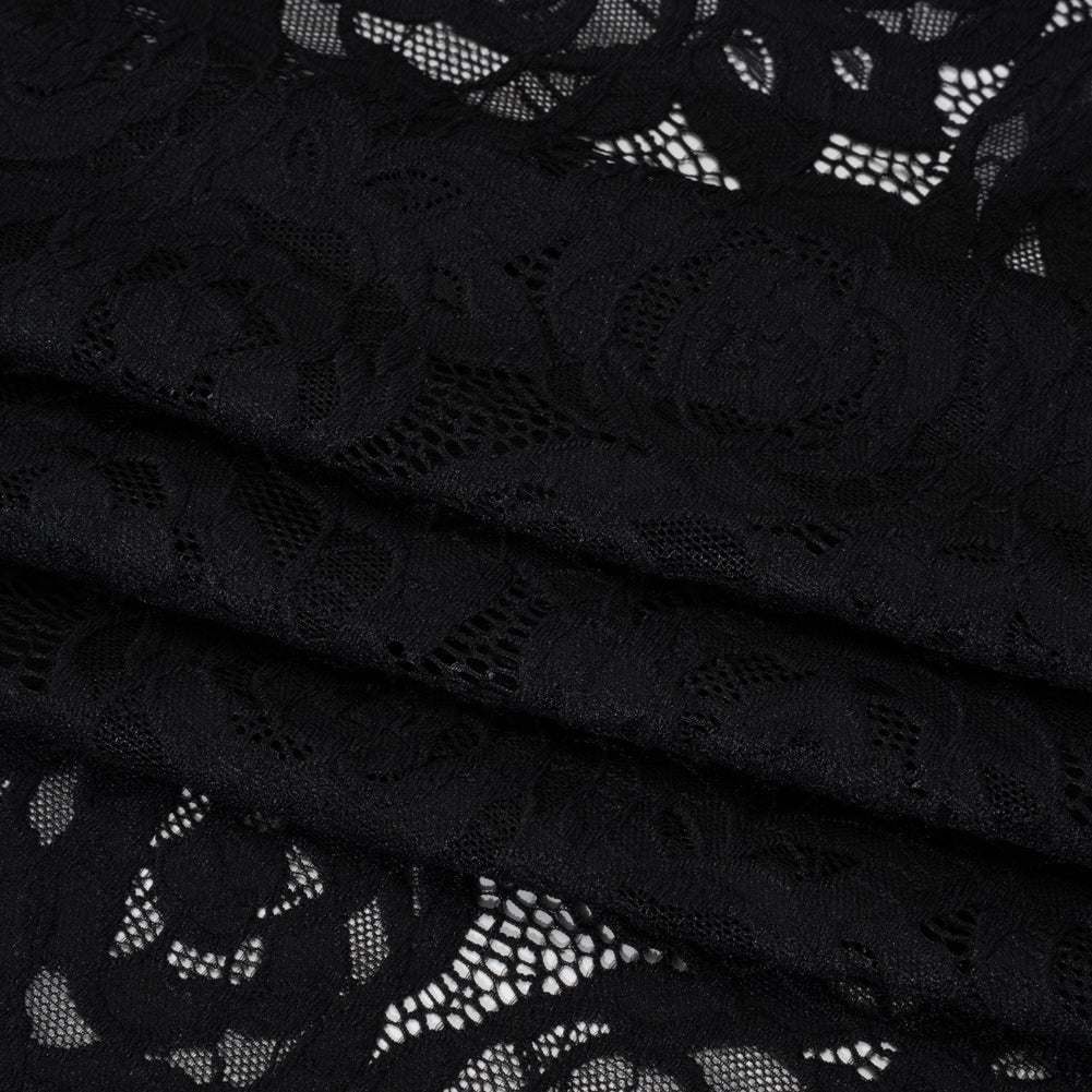 Stretch Re-Embroidered Lace with Finished Edges - Black All-Over Roses - Folded