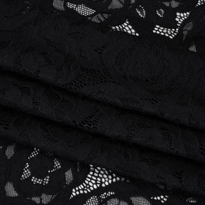 Stretch Re-Embroidered Lace with Finished Edges - Black All-Over Roses
