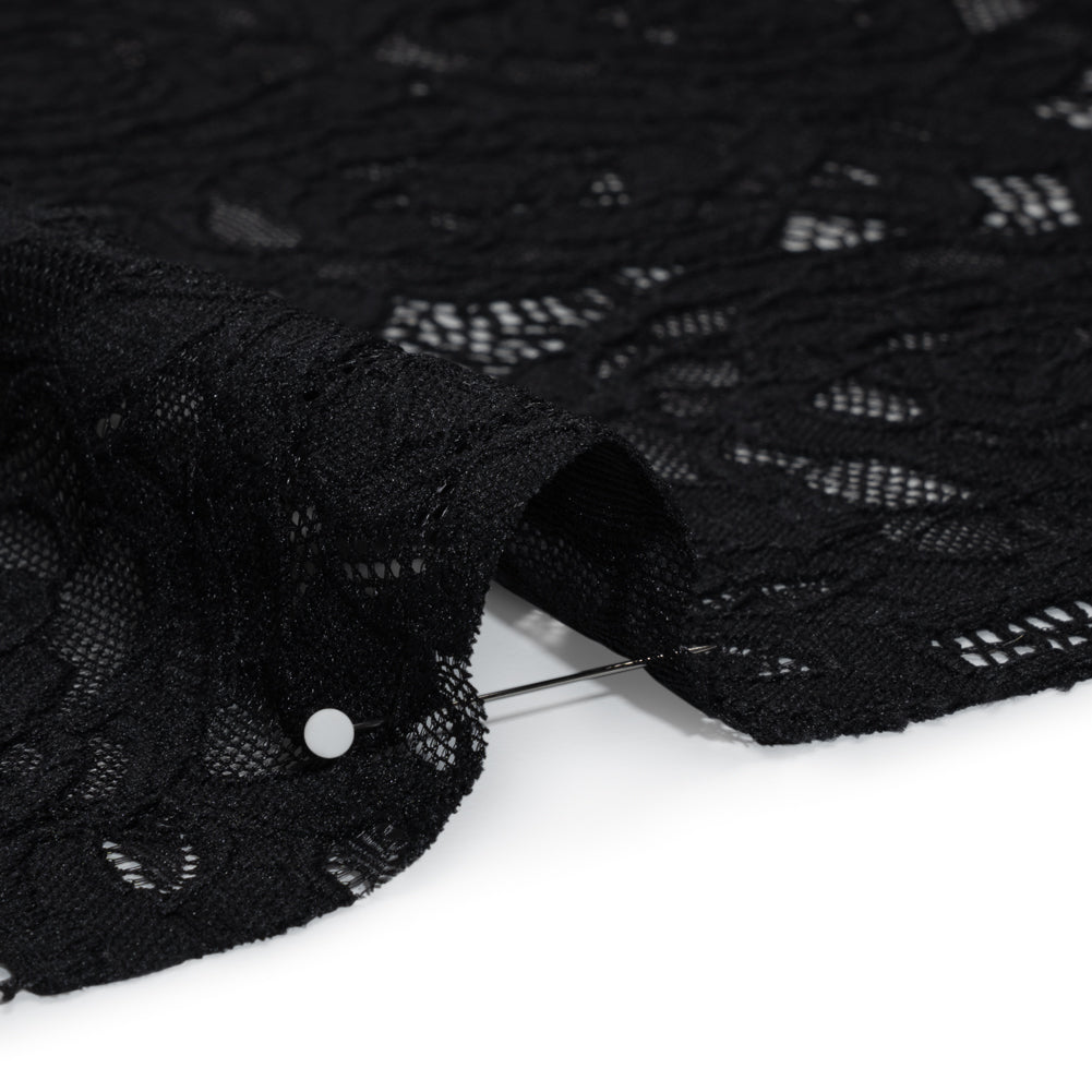 Stretch Re-Embroidered Lace with Finished Edges - Black All-Over Roses - Detail