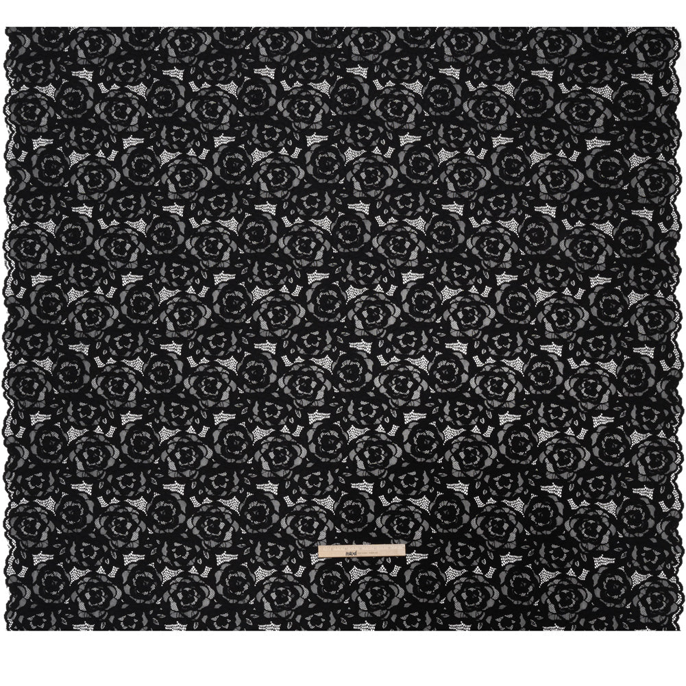 Stretch Re-Embroidered Lace with Finished Edges - Black All-Over Roses - Full