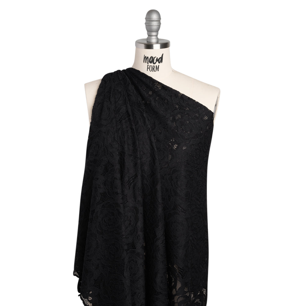 Stretch Re-Embroidered Lace with Finished Edges - Black All-Over Roses - Drape