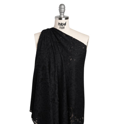 Stretch Re-Embroidered Lace with Finished Edges - Black All-Over Roses