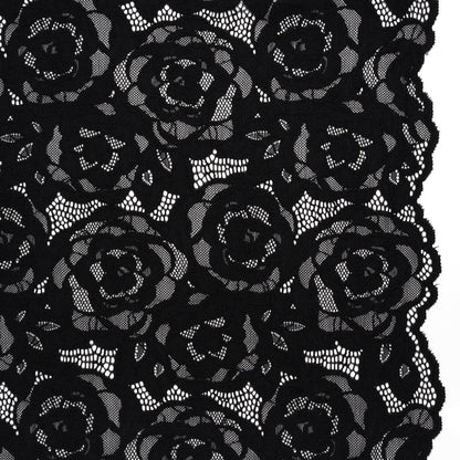 Stretch Re-Embroidered Lace with Finished Edges - Black All-Over Roses