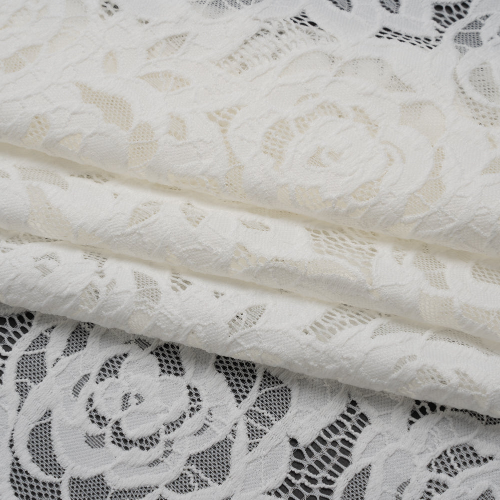 Stretch Re-Embroidered Lace with Finished Edges - Ivory All-Over Roses - Folded