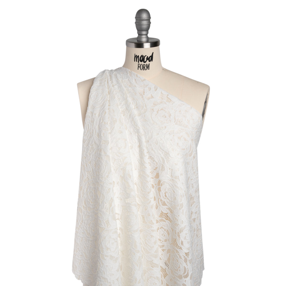 Stretch Re-Embroidered Lace with Finished Edges - Ivory All-Over Roses - Drape
