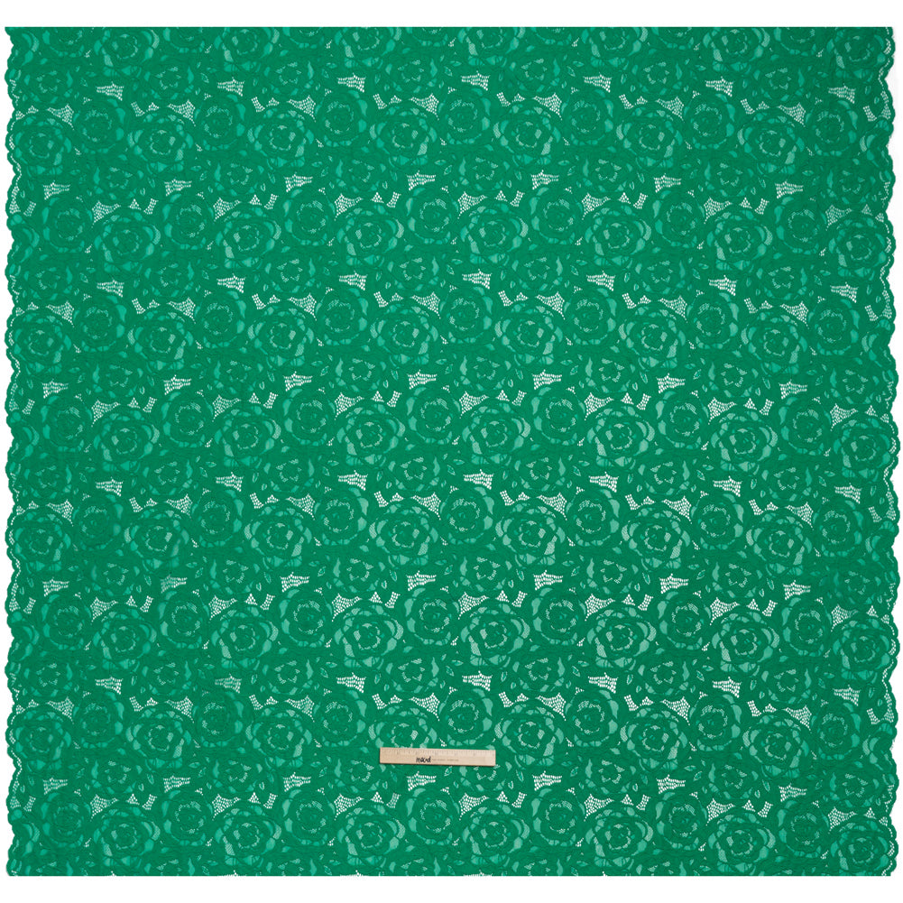 Stretch Re-Embroidered Lace with Finished Edges - Emerald All-Over Roses - Full