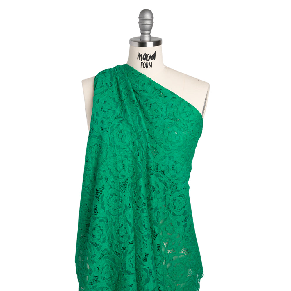 Stretch Re-Embroidered Lace with Finished Edges - Emerald All-Over Roses - Drape