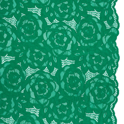 Stretch Re-Embroidered Lace with Finished Edges - Emerald All-Over Roses