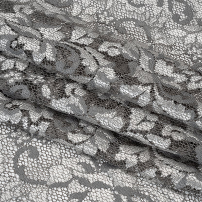 Stretch Raschel Lace with Finished Scalloped Edges - Luminous Silver and Gray Flowers, Leaves and Swirls - Crina Collection
