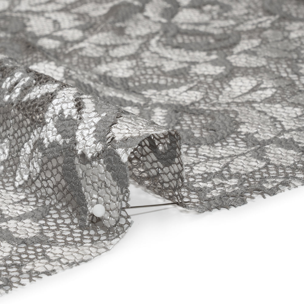 Stretch Raschel Lace with Finished Scalloped Edges - Luminous Silver and Gray Flowers, Leaves and Swirls - Crina Collection
