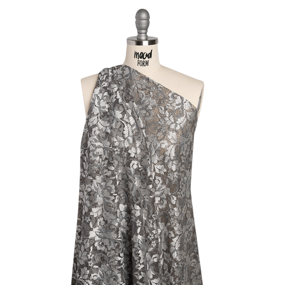 Stretch Raschel Lace with Finished Scalloped Edges - Luminous Silver and Gray Flowers, Leaves and Swirls - Crina Collection