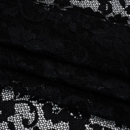 Stretch Raschel Lace with Finished Scalloped Edges - Black Flowers, Leaves and Swirls - Crina Collection