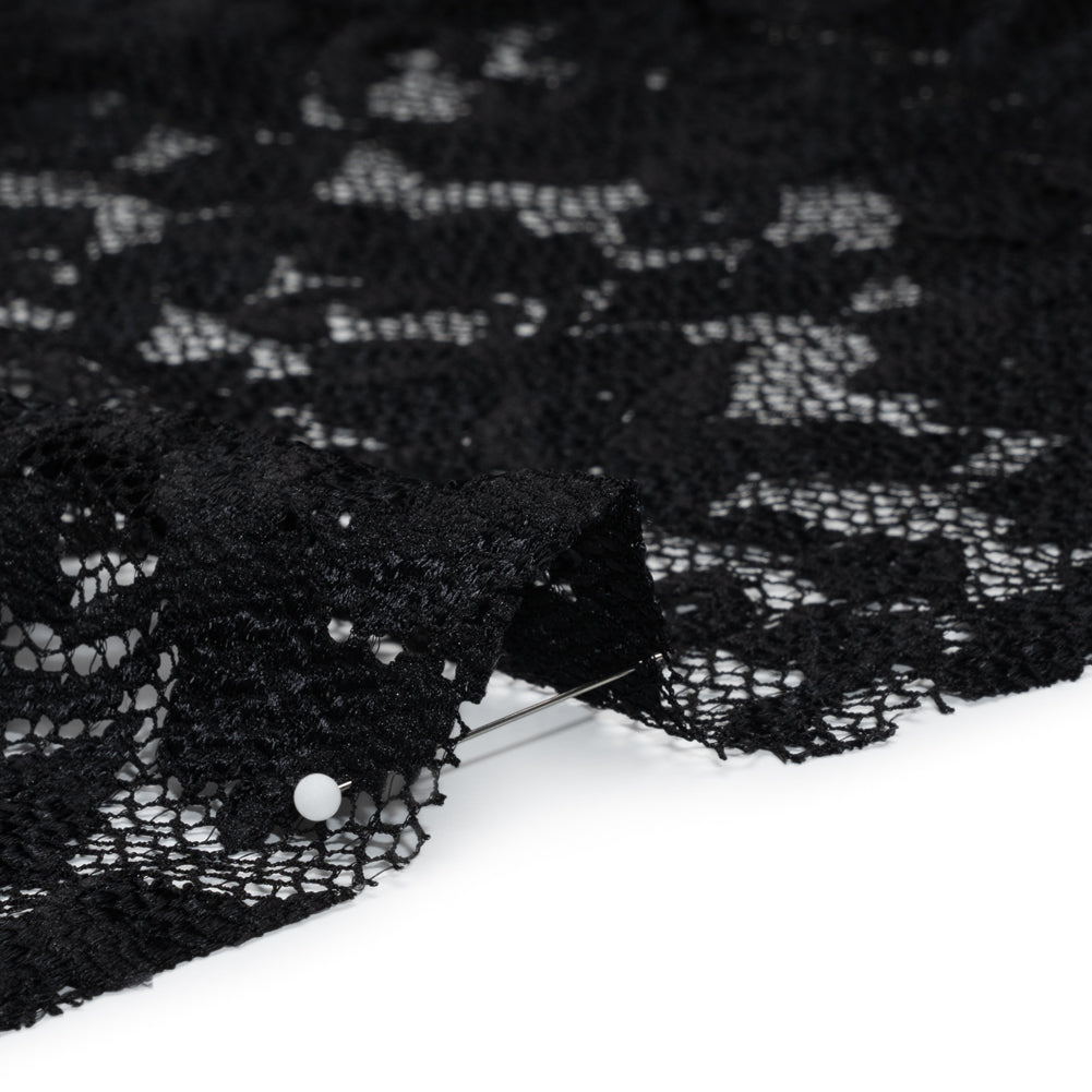 Stretch Raschel Lace with Finished Scalloped Edges - Black Flowers, Leaves and Swirls - Crina Collection - Detail