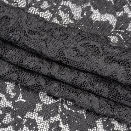 Stretch Raschel Lace with Finished Scalloped Edges - Luminous Gunmetal Gray Flowers, Leaves and Swirls - Crina Collection