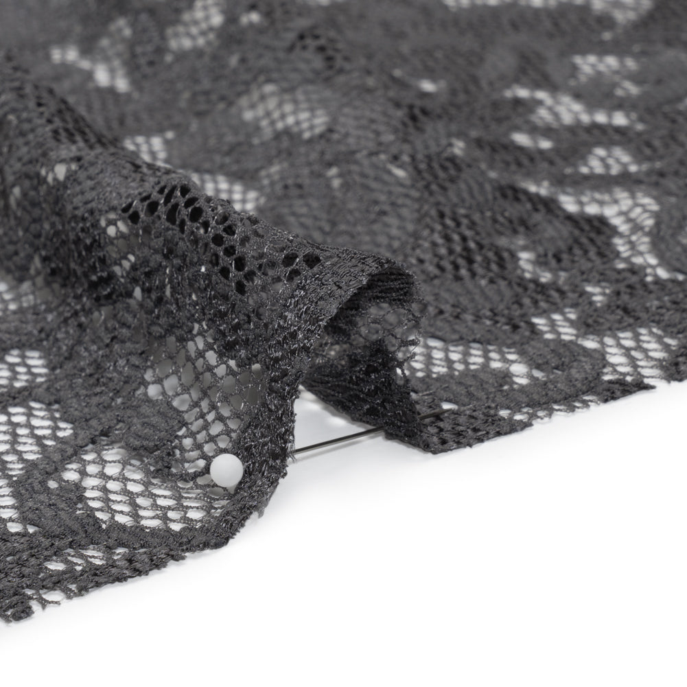 Stretch Raschel Lace with Finished Scalloped Edges - Luminous Gunmetal Gray Flowers, Leaves and Swirls - Crina Collection