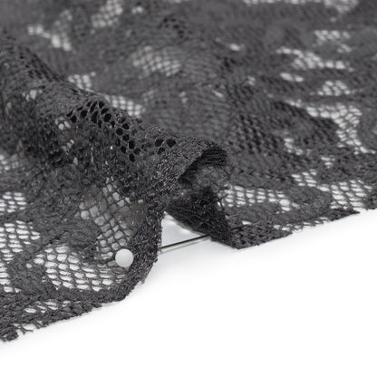 Stretch Raschel Lace with Finished Scalloped Edges - Luminous Gunmetal Gray Flowers, Leaves and Swirls - Crina Collection