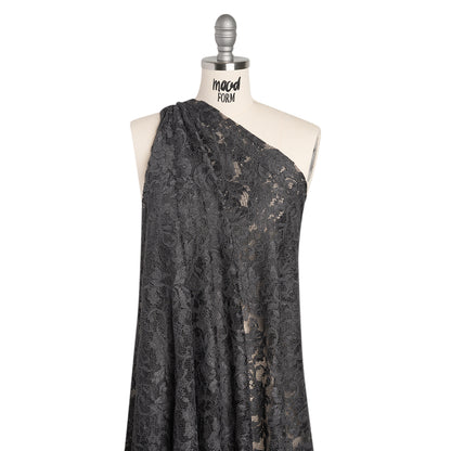 Stretch Raschel Lace with Finished Scalloped Edges - Luminous Gunmetal Gray Flowers, Leaves and Swirls - Crina Collection