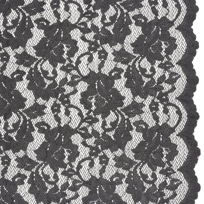 Stretch Raschel Lace with Finished Scalloped Edges - Luminous Gunmetal Gray Flowers, Leaves and Swirls - Crina Collection