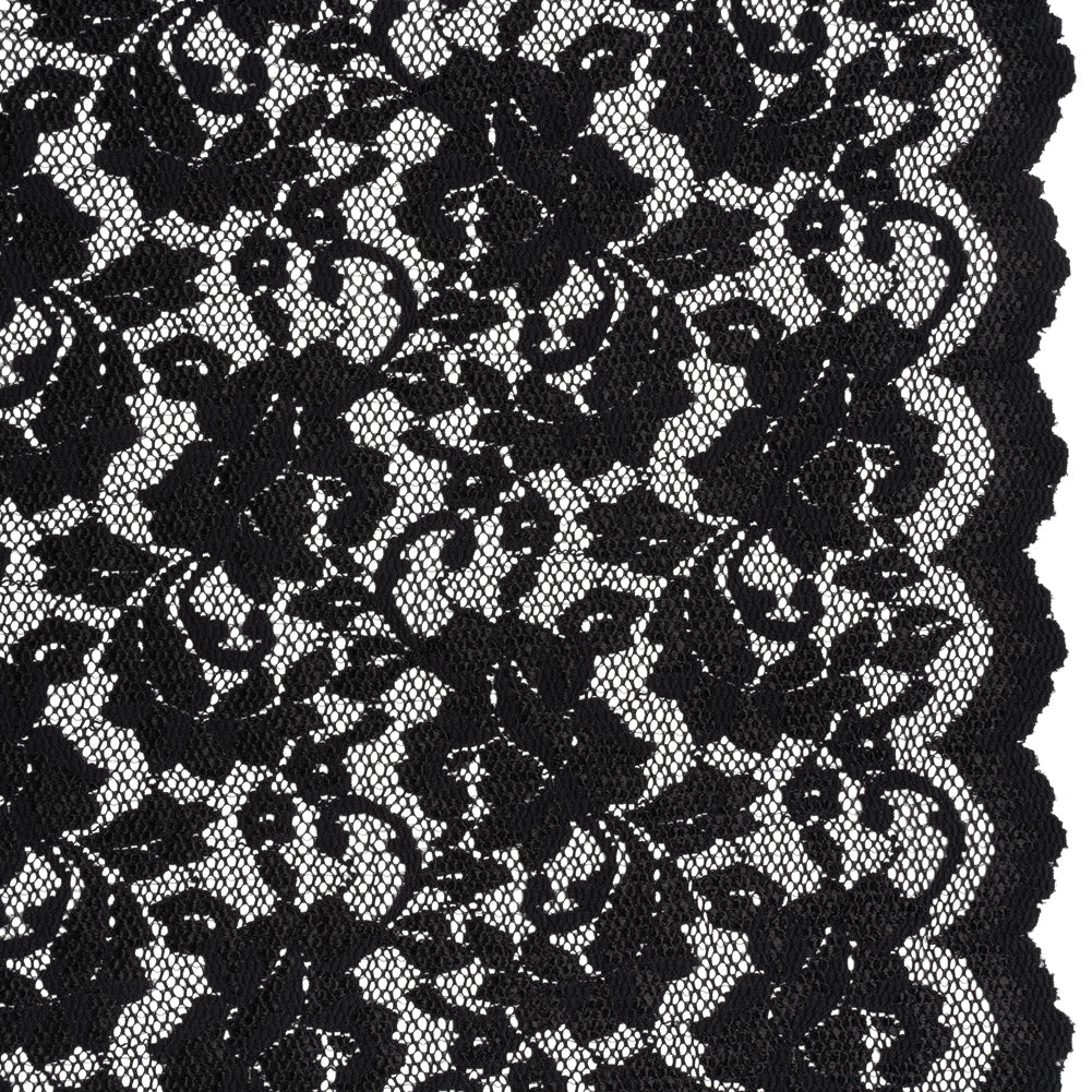Stretch Raschel Lace with Finished Scalloped Edges - Luminous Black Flowers, Leaves and Swirls - Crina Collection