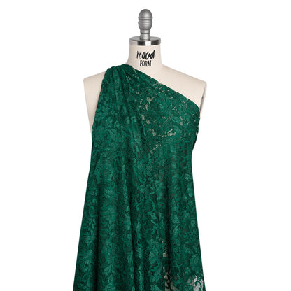 Stretch Raschel Lace with Finished Scalloped Edges - Luminous Jungle Green Flowers, Leaves and Swirls - Crina Collection
