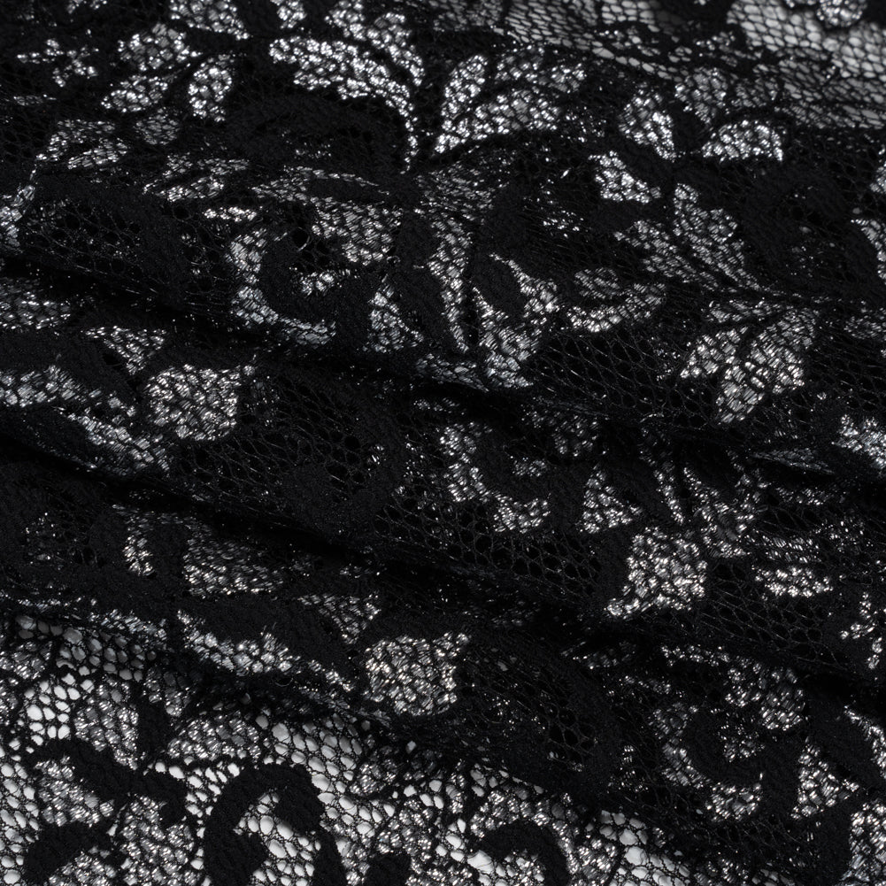 Stretch Raschel Lace with Finished Scalloped Edges - Metallic Silver and Black Flowers, Leaves and Swirls - Crina Collection - Folded