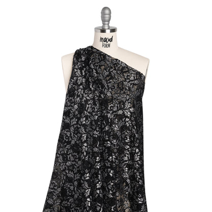 Stretch Raschel Lace with Finished Scalloped Edges - Metallic Silver and Black Flowers, Leaves and Swirls - Crina Collection