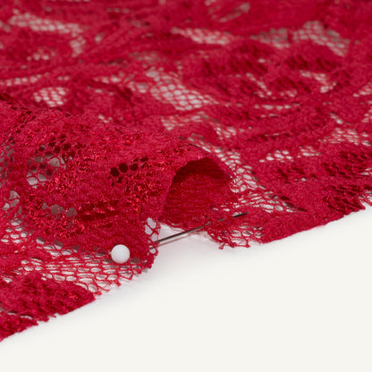 Stretch Raschel Lace with Finished Edges - Red Blooming Petals
