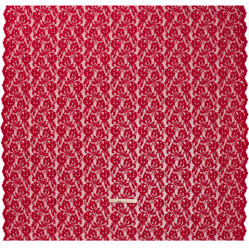Stretch Raschel Lace with Finished Edges - Red Blooming Petals
