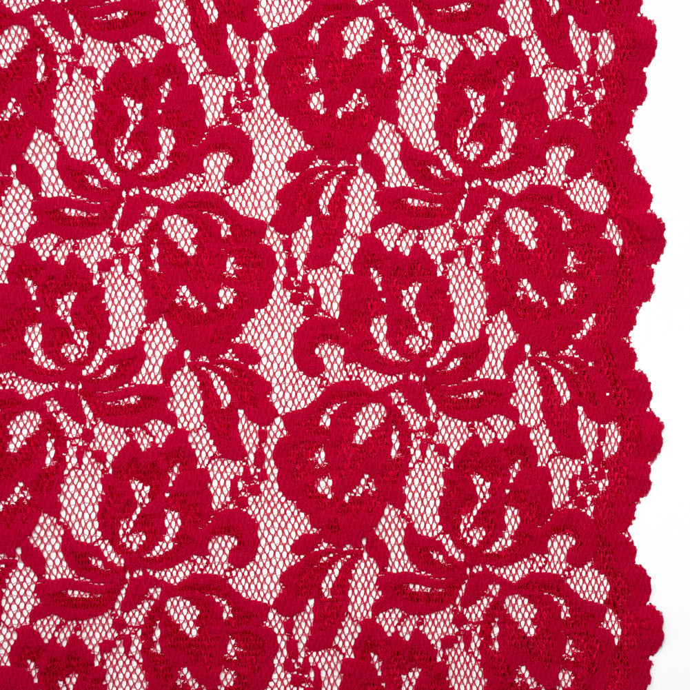 Stretch Raschel Lace with Finished Edges - Red Blooming Petals
