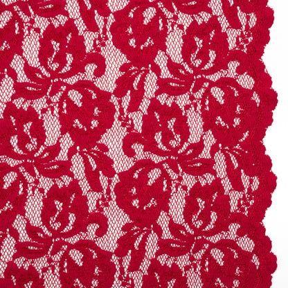 Stretch Raschel Lace with Finished Edges - Red Blooming Petals