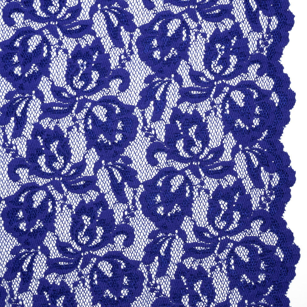 Stretch Raschel Lace with Finished Edges - Royal Blue Blooming Petals