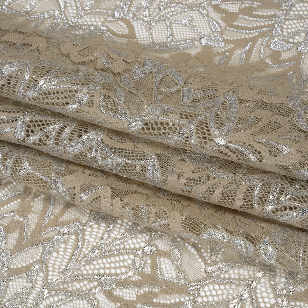 Stretch Metallic Raschel Lace with Finished Edges - Sandstone Gray and Silver Leafy Plants