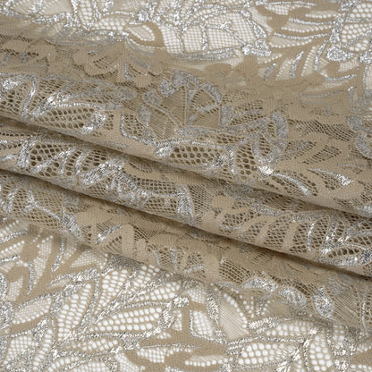 Stretch Metallic Raschel Lace with Finished Edges - Sandstone Gray and Silver Leafy Plants