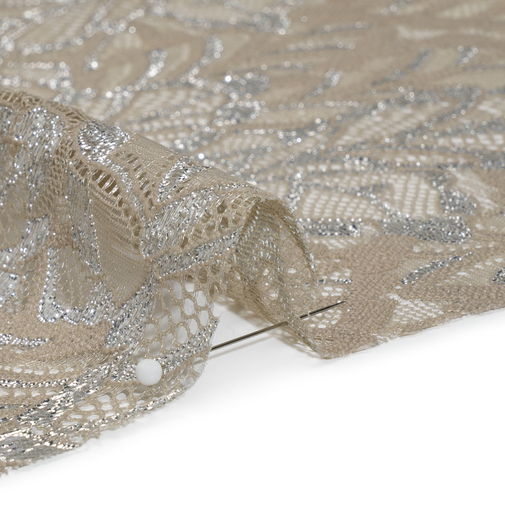 Stretch Metallic Raschel Lace with Finished Edges - Sandstone Gray and Silver Leafy Plants