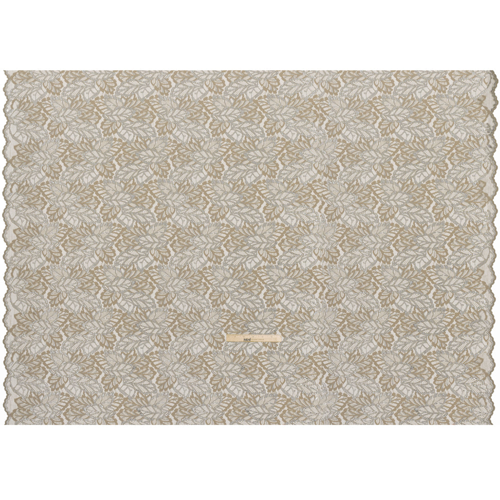 Stretch Metallic Raschel Lace with Finished Edges - Sandstone Gray and Silver Leafy Plants