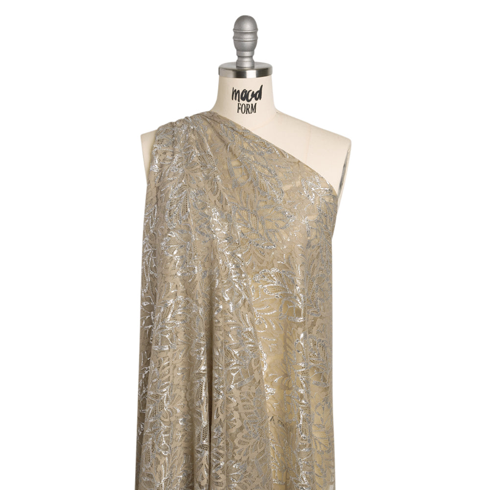 Stretch Metallic Raschel Lace with Finished Edges - Sandstone Gray and Silver Leafy Plants