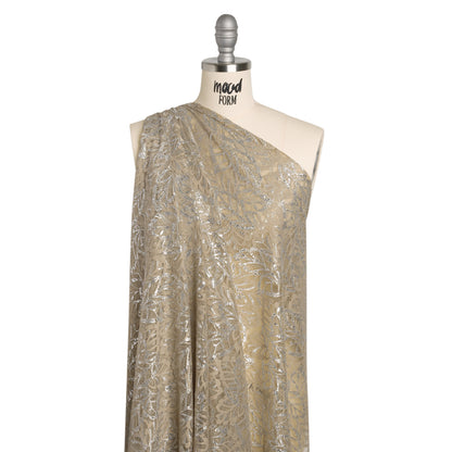 Stretch Metallic Raschel Lace with Finished Edges - Sandstone Gray and Silver Leafy Plants