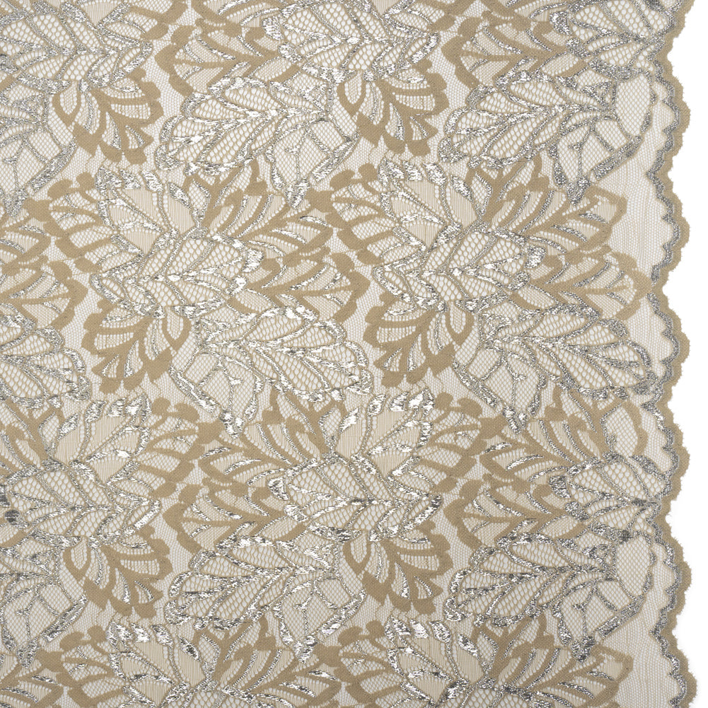 Stretch Metallic Raschel Lace with Finished Edges - Sandstone Gray and Silver Leafy Plants