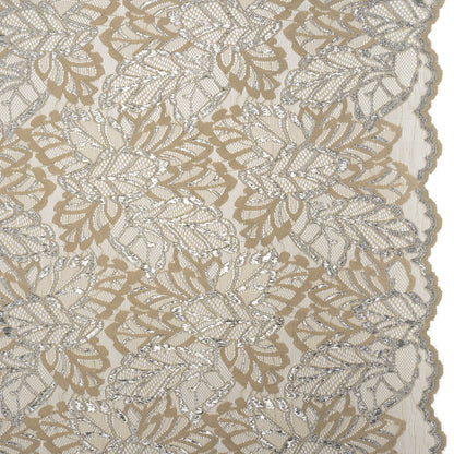 Stretch Metallic Raschel Lace with Finished Edges - Sandstone Gray and Silver Leafy Plants