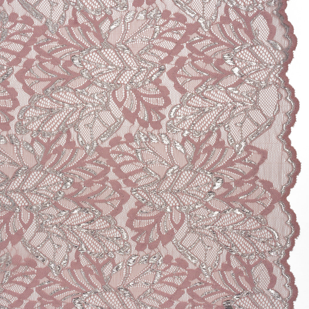 Stretch Metallic Raschel Lace with Finished Edges - Mauve and Silver Leafy Plants
