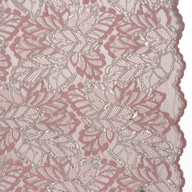 Stretch Metallic Raschel Lace with Finished Edges - Mauve and Silver Leafy Plants