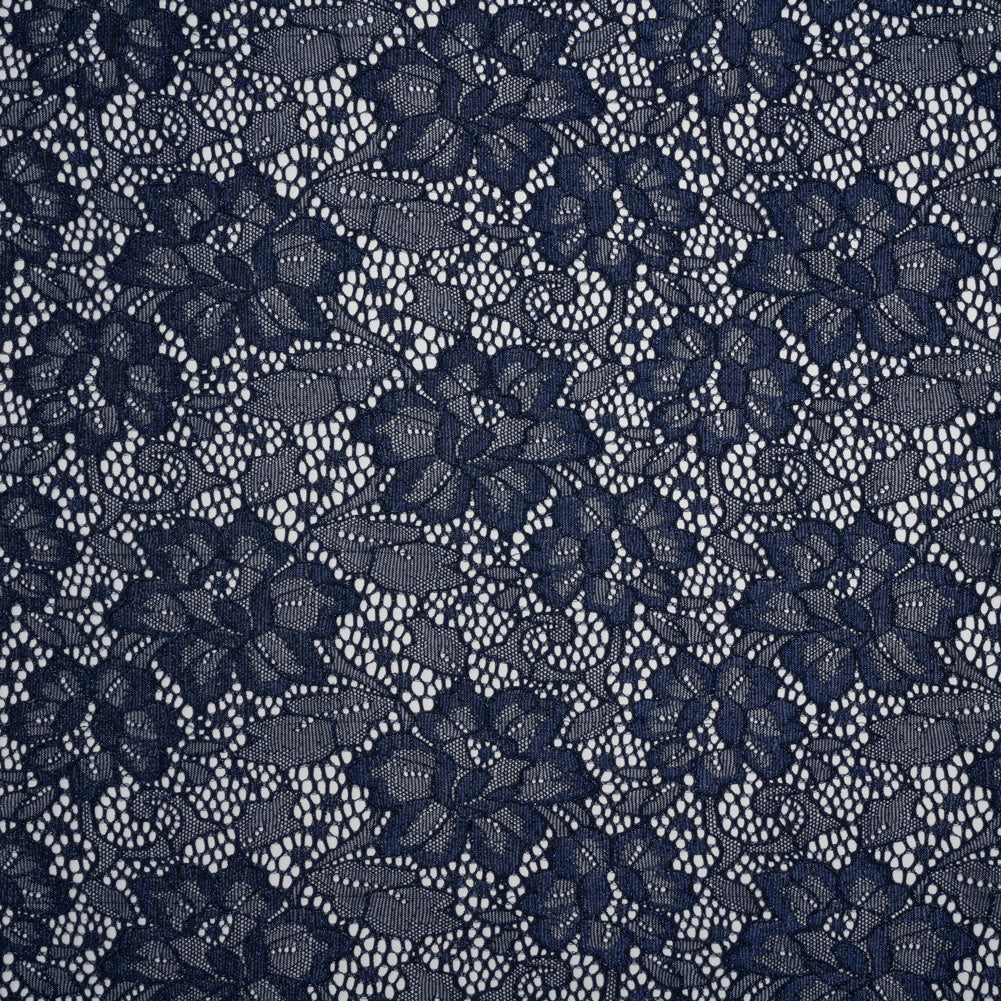 Stretch Corded Raschel Lace with All-Over Glitter - Navy on Navy Floral