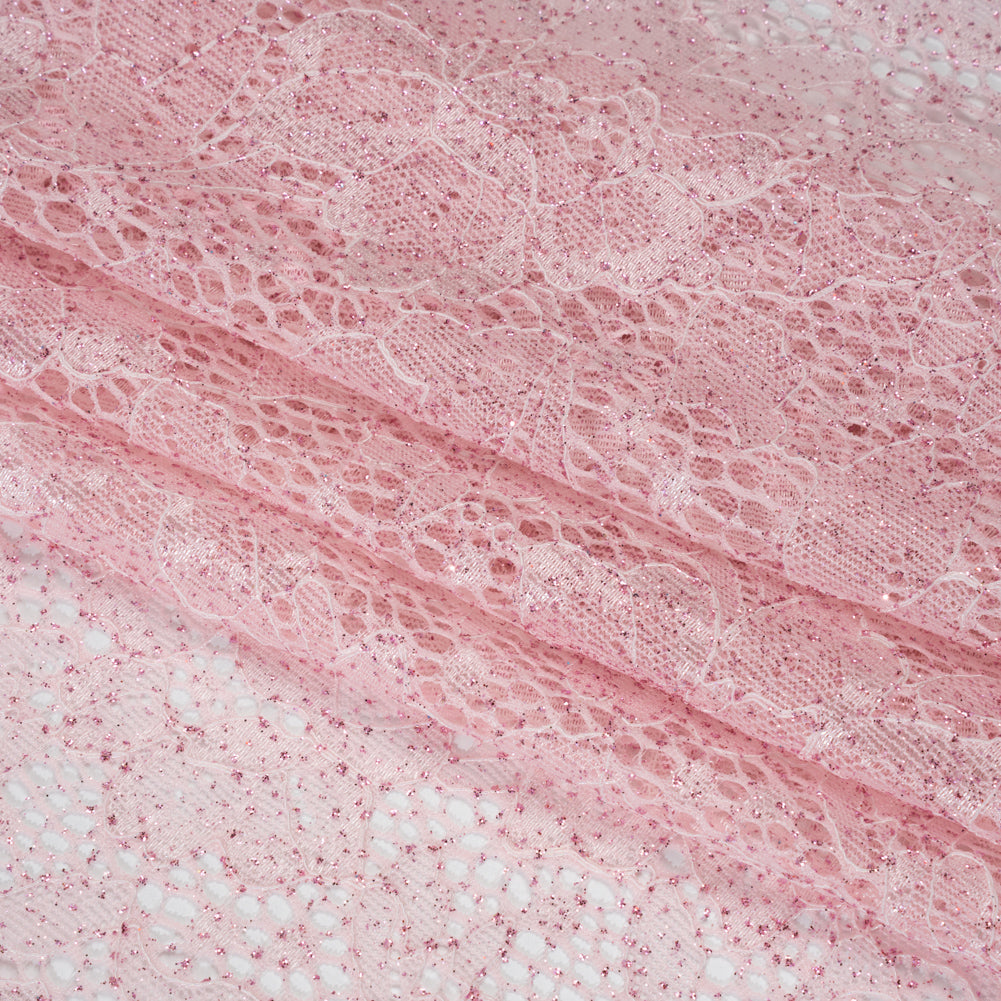 Stretch Corded Raschel Lace with All-Over Glitter - Pink on Pink Floral - Folded