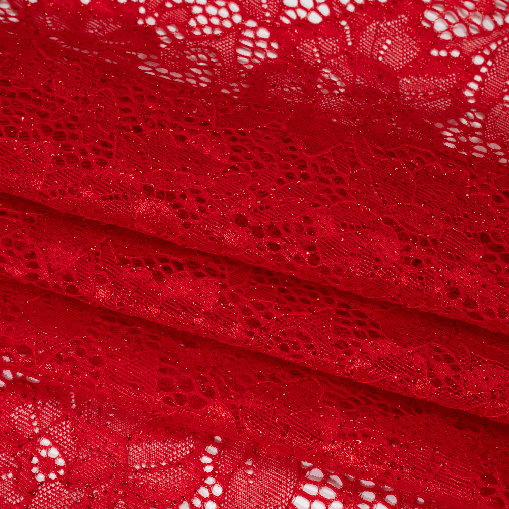 Stretch Corded Raschel Lace with All-Over Glitter - Red on Red Floral - Folded