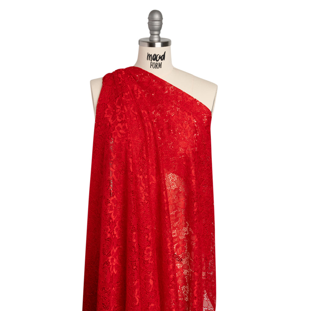 Stretch Corded Raschel Lace with All-Over Glitter - Red on Red Floral - Drape