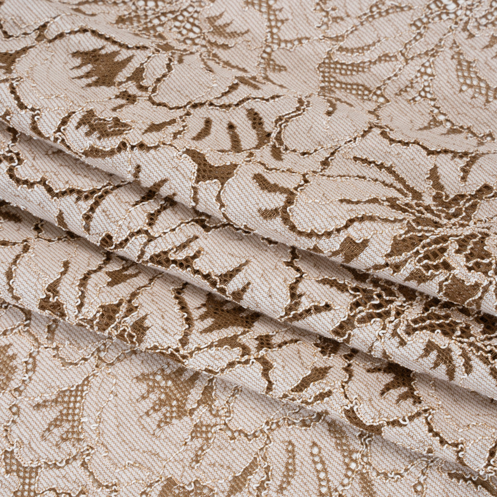 Stretch Corded Lace with Finished Edges - Cub Brown and Natural Bold Blooming Florals - Dania Collection - Folded