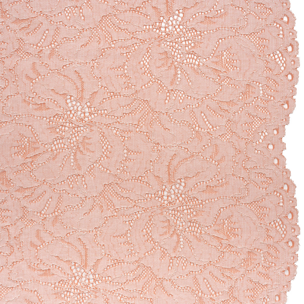 Stretch Corded Lace with Finished Edges - Salmon Pink and Natural Bold Blooming Florals - Dania Collection