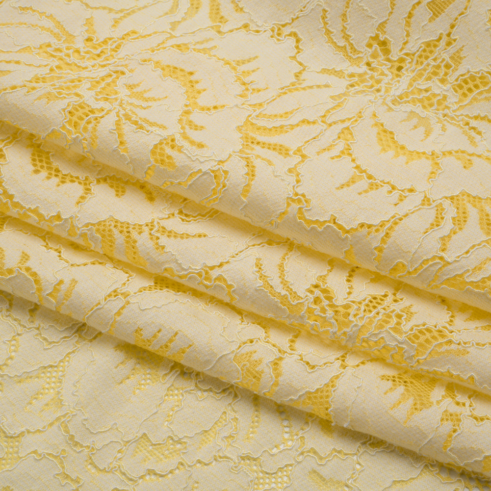Stretch Corded Lace with Finished Edges - Acacia Yellow and Natural Bold Blooming Florals - Dania Collection - Folded