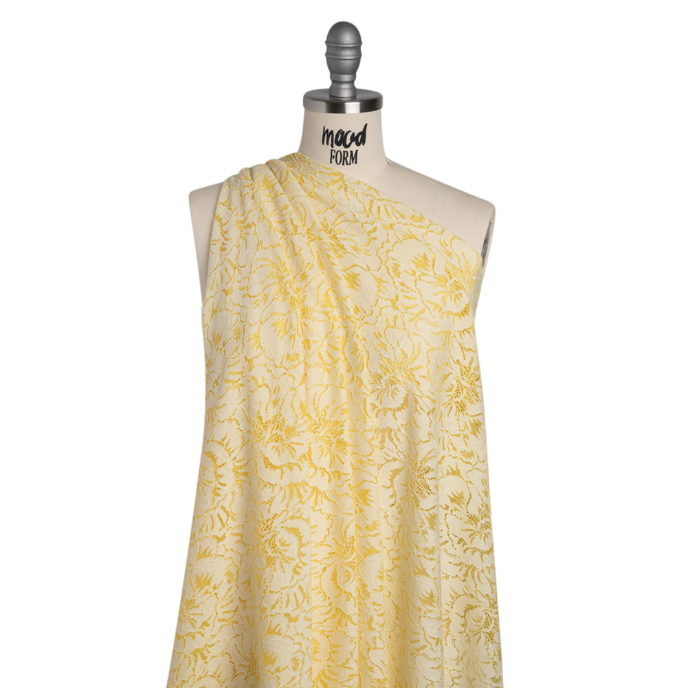 Stretch Corded Lace with Finished Edges - Acacia Yellow and Natural Bold Blooming Florals - Dania Collection - Drape