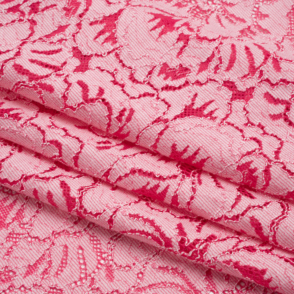 Stretch Corded Lace with Finished Edges - Raspberry Pink and Natural Bold Blooming Florals - Dania Collection - Folded